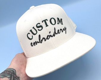 Custom Embroidered Snapback Hat , Personalized Structured Cap , Dad Gift , Small business Merch , Six Panel Hat , Custom fitted snap back