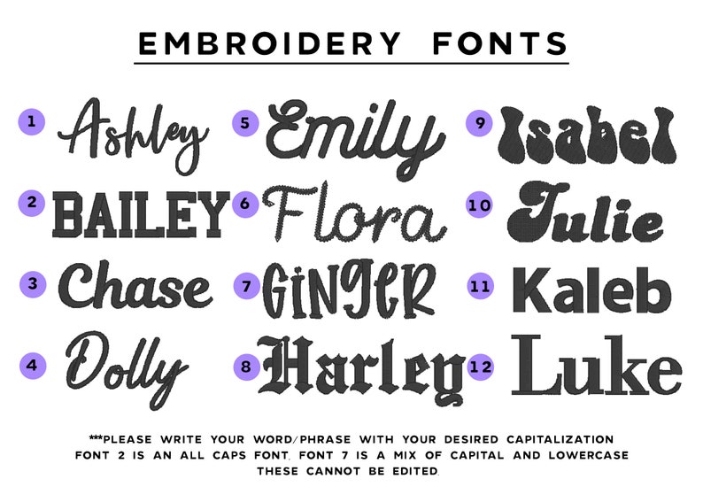 May include: A chart of 12 different embroidery fonts, numbered 1 through 12. The fonts are shown in black text on a white background. The text at the bottom of the chart reads: "***PLEASE WRITE YOUR WORD/PHRASE WITH YOUR DESIRED CAPITALIZATION FONT 2 IS AN ALL CAPS FONT FONT 7 IS A MIX OF CAPITAL AND LOWERCASE THESE CANNOT BE EDITED"