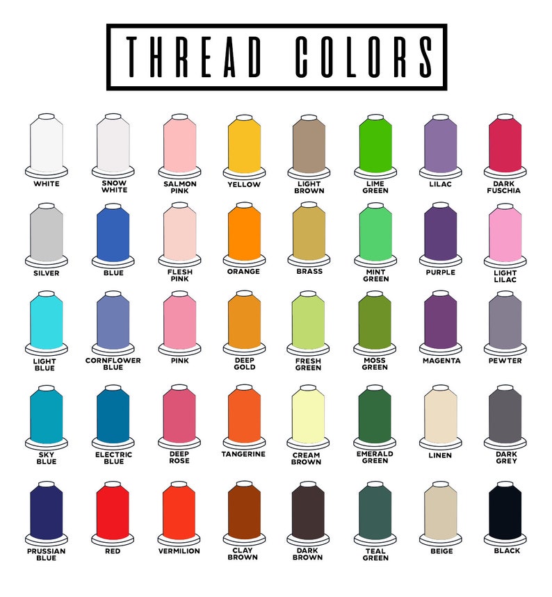 May include: A chart of thread colors with names for each color. The colors are arranged in rows and columns. The colors include white, snow white, salmon pink, yellow, light brown, lime green, lilac, dark fuchsia, silver, blue, flesh pink, orange, brass, mint green, purple, light lilac, light blue, cornflower blue, pink, deep gold, fresh green, moss green, magenta, pewter, sky blue, electric blue, deep rose, tangerine, cream brown, emerald green, linen, dark grey, Prussian blue, red, vermilion, clay brown, dark brown, teal green, beige, and black.