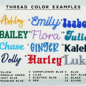 May include: A chart showing 12 different thread colors with the names of each color and the corresponding number. The colors are: yellow, emerald green, light blue, Prussian blue, cornflower blue, lilac, electric blue, red, blue, sky blue, black, and silver.