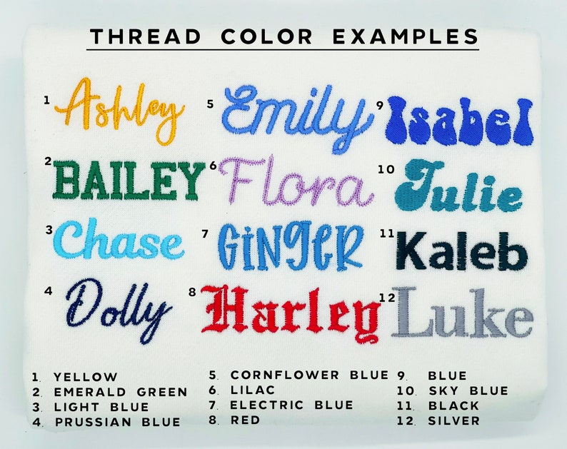 May include: A chart showing 12 different thread colors with the names of each color and the corresponding number. The colors are: yellow, emerald green, light blue, Prussian blue, cornflower blue, lilac, electric blue, red, blue, sky blue, black, and silver.