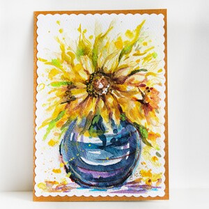 Biglietto d'auguri dipinto a mano con girasoli, motivo floreale giallo, pittura ad acquerello, vintage brillantemente originale, regalo d'arte