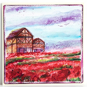 Hand painted Greeting card Poppies Field Farm Watercolour Painting Red Pictures Colorful Brightly Original Art gift Illustrations Floral