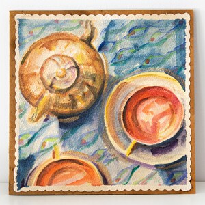 Biglietti d'auguri ad acquerello dipinti a mano Tea Coffee Time a Cup Painting Pictures Colorful Brightly Original Art gift Illustrazioni per lui