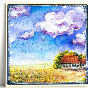 Dipinto a mano Acquerello Biglietto di auguri Girasole Giallo Blu Cielo Estate Fattoria Campo Brillantemente Colorato Originale Arte Regalo Illustrazione