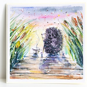 Biglietti d'auguri ad acquerello dipinti a mano Caffè Romantico Riccio Dipinto Immagine Colorato Brillantemente Originale Regalo d'arte Illustrazione Per lui