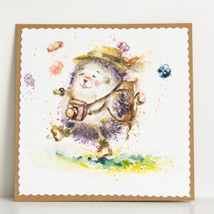 Biglietto di auguri dipinto a mano Riccio Fotografo Acquerello Pittura Immagini Colorato Acquerello Originale Arte regalo Illustrazioni