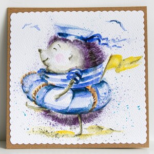 Biglietti d'auguri ad acquerello dipinti a mano Hedgehog Sea Beach Painting Pictures Colorful Brightly Original Art gift Illustrazioni per lui