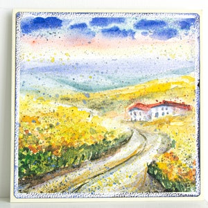 Biglietto d'auguri dipinto a mano Girasoli Giallo Estate Fattoria Campo Pittura ad acquerello Illustrazioni regalo d'arte originali brillantemente colorate