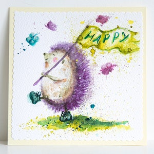 Carte ad acquerello dipinte a mano Riccio Be Happy Birthday Painting Pictures Colorful Brightly Original Art gift Illustrazioni per lui