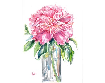 Watercolor Floral Colorful Painting Pink Abstract Brightly Art Work Flowers Peony Flower Spring Wall Art Original Flowers In A Vase