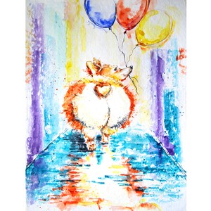 Pintura colorida de perro Corgi, retrato de mascota de dibujos animados de acuarela, obra de arte brillante, arte de pared, arte original para guardería, ilustración de bebé, habitación de niños