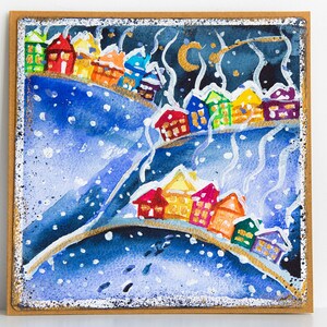 Dipinto a mano inverno acquerello compleanno biglietti di auguri di Natale case villaggio dipinto immagine colorato brillantemente originale regalo d'arte