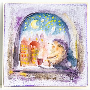 Cartoline ad acquerello dipinte a mano Riccio e finestra Pittura Immagini Colorate e brillanti Illustrazioni regalo d'arte originali L'ora del caffè