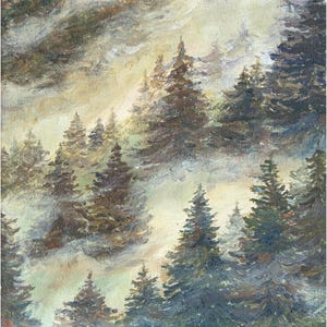 Foggy forest painting Acrylic Tiny Small Painting on Canvas Colorful Painting Brightly Work Original Painting Art gift for him