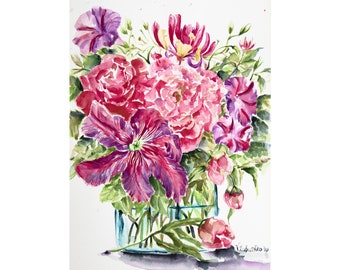 Floral Colorful Painting Watercolor Peony Summer Brightly Art Work Flowers Bouquet Flower Spring Wall Art Original Art Flowers In A Vase