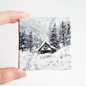 Winter landscape House Foggy forest Mini Tiny Acrylic Painting on Canvas Colorful Miniature Brightly Work Original Home decor