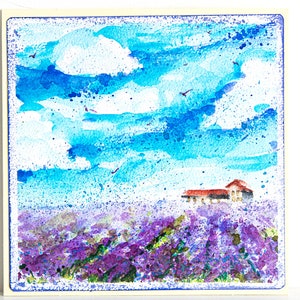 Biglietto d'auguri dipinto a mano Lavanda Provenza Campo agricolo estivo Pittura ad acquerello Paesaggio regalo d'arte originale dai colori vivaci