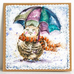 Carte ad acquerello dipinte a mano Gufo sotto l'ombrello Compleanno Pittura Immagini Colorate Brillantemente Originali Regalo d'arte Illustrazioni Per lui