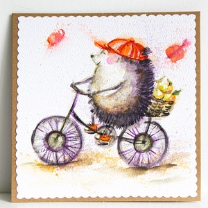 Biglietti d'auguri ad acquerello dipinti a mano Bike Hedgehog Birthday Painting Pictures Colorful Brightly Original Art gift Illustrazioni per lui