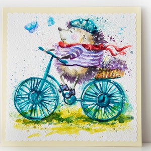 Tarjetas de cumpleaños de acuarela pintadas a mano, imágenes de pintura de cumpleaños de erizo de bicicleta, ilustraciones de regalo de arte originales brillantes coloridas para él