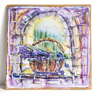 Biglietto di auguri dipinto a mano Lavanda in un cestino Provenza Finestra estiva Pittura ad acquerello Paesaggio regalo d'arte originale dai colori vivaci