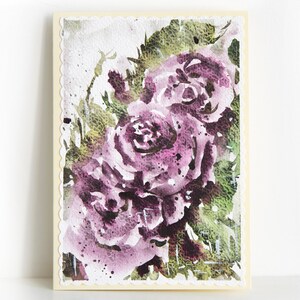Handgeschilderde groet verjaardagskaart paarse rozen boeket bloemen bloemen aquarel schilderij helder originele kunst cadeau illustraties