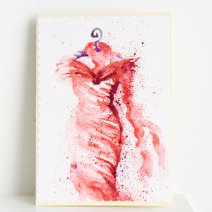 Biglietto d'auguri dipinto a mano Biglietto d'auguri Abito rosso Pittura ad acquerello Immagini Colorate Brillantemente Acquerello Illustrazioni regalo d'arte originali