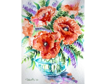 Poppy flowers Colorful Painting Watercolor Light Flowers Sketch Nature Brightly ArtWork Wall Art Original Floral Picture Vladlena Zabuzhko