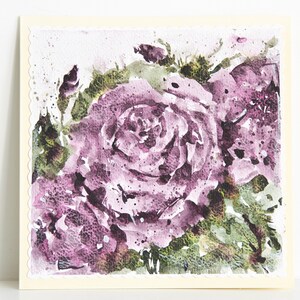 Biglietto d'auguri dipinto a mano Rose Viola Pittura ad acquerello Immagini Fiori colorati dai colori vivaci Regalo d'arte originale Illustrazioni floreali