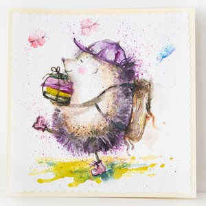 Biglietto d'auguri ad acquerello dipinto a mano Reader Hedgehog Pictures Colorful Brightly Original Art gift Illustrazioni Per lui Libri Booklover