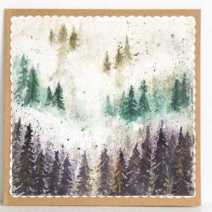 Cumpleaños pintado a mano acuarela brumoso misterio bosque montañas pintura romántica colorido brillante arte original regalo ilustraciones
