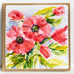 Biglietto d'auguri dipinto a mano con papaveri, pittura ad acquerello, immagini rosse, colori vivaci, acquerello, arte originale, regalo, illustrazioni floreali