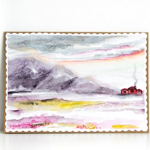 Acquerello Carte Paesaggio Casa Rossa Montagne Campo Pittura Immagini Colorato Acquerello Opere d'Acqua Originale Arte Regalo Illustrazioni