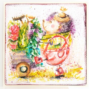 Dipinto a mano Biglietto di auguri Riccio Primavera Pittura ad acquerello Immagini Colorate brillantemente Acquerello Arte originale Regalo Illustrazioni Fiore