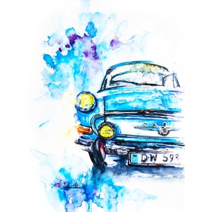 Dipinti di auto retrò, vecchia Skoda blu, acquerello colorato, schizzo luminoso, opera d'arte vintage, immagine originale, regalo per gli amanti delle auto.