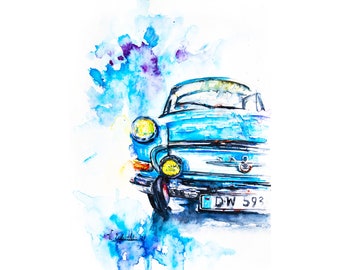 Rétro voiture peintures vieux bleu Skoda Auto coloré aquarelle lumière croquis brillamment vintage oeuvre originale photo cadeau pour les amateurs de voitures