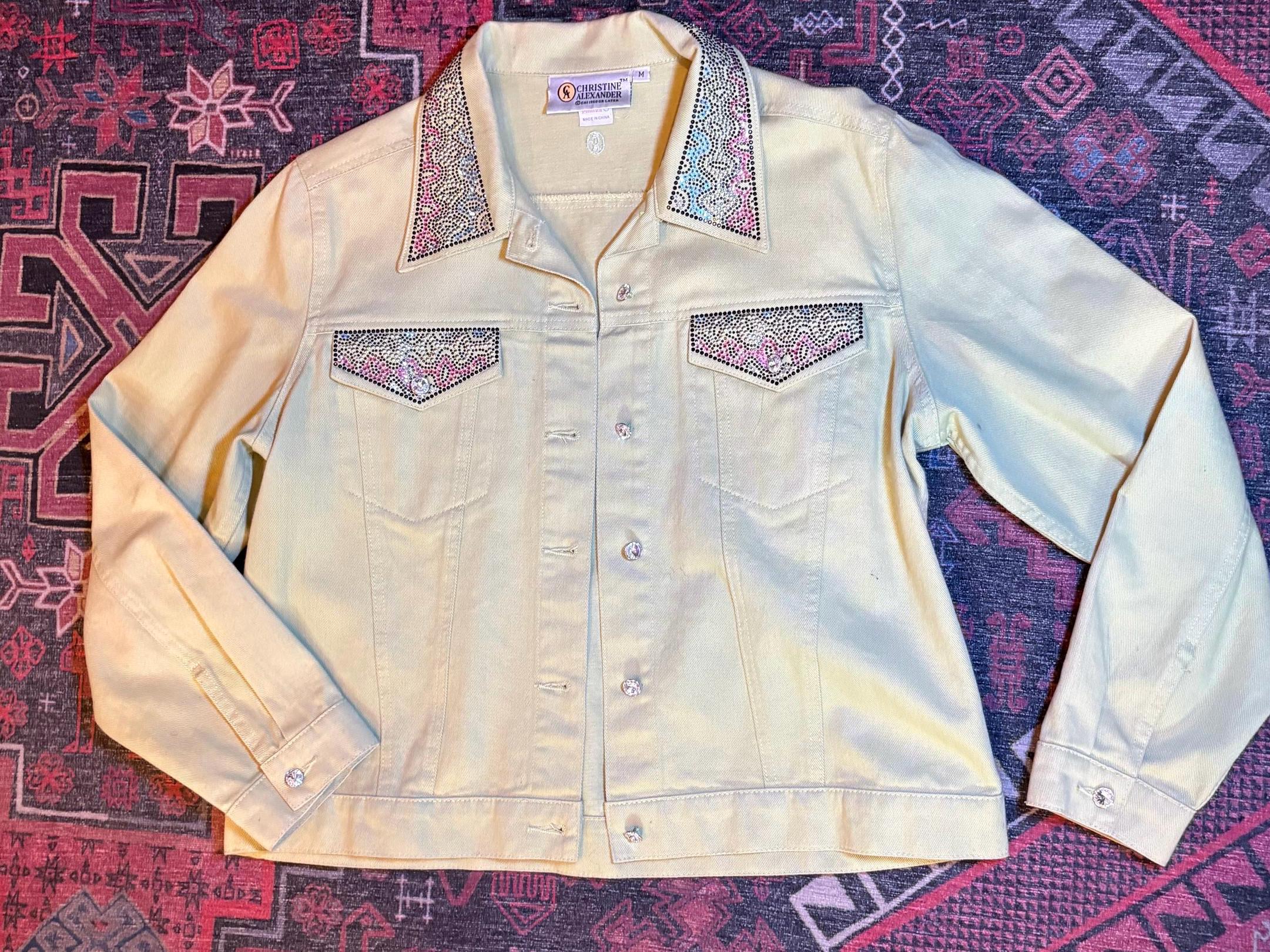 Vintage Lime Green Western Jacket – Y2K Shimmer Trim Denim Style