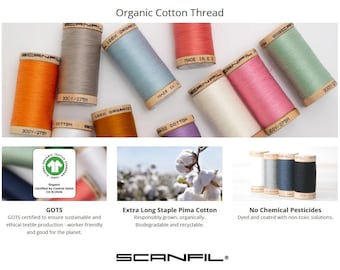 Hilos de coser de algodón orgánico sostenible en bobinas de madera de 275 m - 38 colores