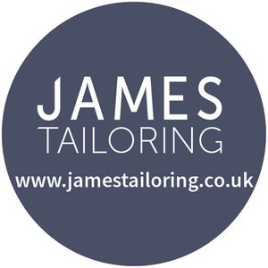 May include: A circular logo with the words "JAMES TAILORING" in white capital letters. Below the text is the website address "www.jamestailoring.co.uk" in white. The background is a solid dark blue color.