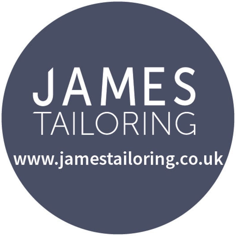 May include: A circular logo with the words "JAMES TAILORING" in white capital letters. Below the text is the website address "www.jamestailoring.co.uk" in white. The background is a solid dark blue color.