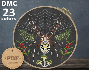 Wasp spider cross stitch pattern PDf, Modern cross stitch, Cottagecore decor, Spider web embroidery, Insect wall decor, Spider lover gift