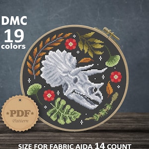 Triceratops skull cross stitch pattern PDf, Dinosaur cross stitch, Jurassic cross stitch, Triceratops cross stitch, Floral Dino wall decor