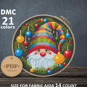 Colorful Christmas gnome cross stitch pattern PDF, Funny Gnome, Merry christmas embroidery, Christmas tree ornament, New year wall decor