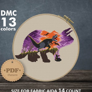 Dinosaur silhouette cross stitch pattern PDF, Modern cross stitch pattern, Triceratops silhouette cross stitch, Movie Cross Stitch Pattern