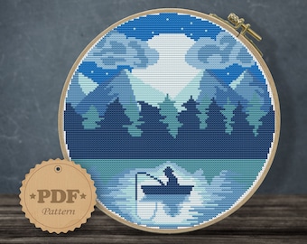 Fishing Night Landscape Cross Stitch Pattern: Modern Nature Design (PDF Pattern)