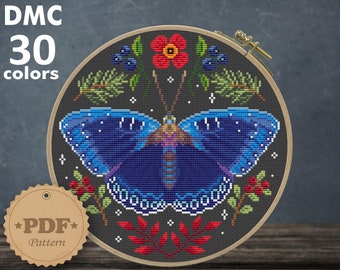 Blue butterfly cross stitch pattern PDf, Modern cross stitch pattern, Cottagecore decor, Blooming butterfly, Butterfly wall decor DIY