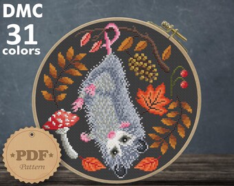 Opossum & Mushrooms Cross Stitch Pattern: Autumn Cottagecore (PDF)