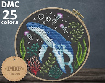 Patrón de punto de cruz de ballena azul y medusas (PDF)