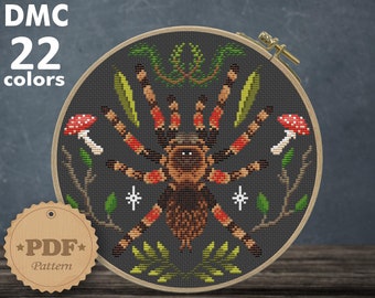 Mexican red knee tarantula cross stitch pattern PDf, Modern cross stitch, Cottagecore decor, Insect wall decor DIY, Spider lover gift
